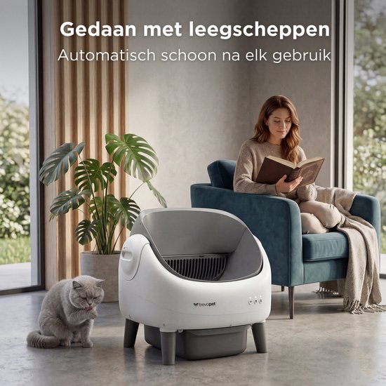 TrevoPet® Air - Automatische Kattenbak met App - Zelfreinigend & Veilig - Voor Katten tot 12KG - Incl. Mat, 60 Afvalzakjes & Accessoires - 10L Afvalbak - Wit & Grijs