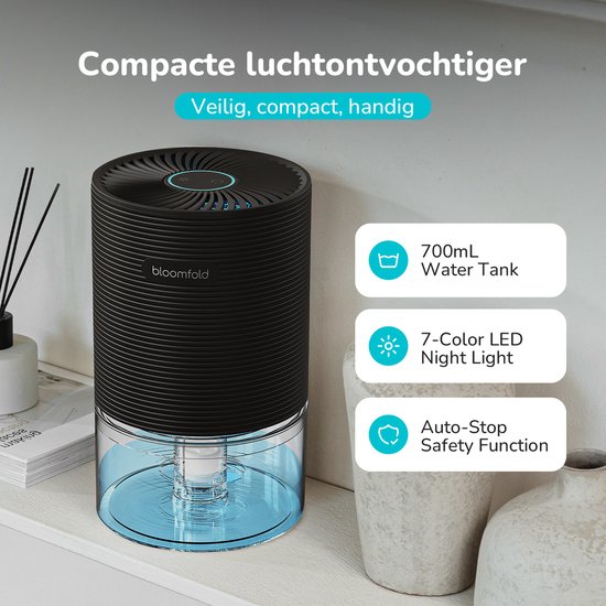 Bloomfold Luchtontvochtiger - Compact 700ML - 250ML per dag - voor Slaapkamer, Woonkamer en badkamer