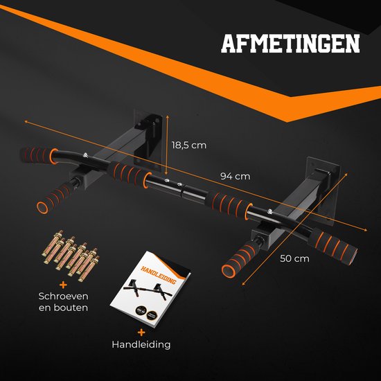 TTD® Premium Pull Up Bar – Wandmontage Dip Station – Tot 250KG – Home Workout – Zwart/Oranje
