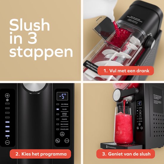 KitchenBrothers Slush Puppy Maker - 1,6L - 6 Standen - BPA-vrij - Slushi Machine - Ijsmachine - Zwart