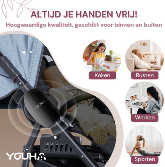 Youha Baby Rocker – Automatisch je kinderwagen of buggy wiegen - Handen vrij van het wiegen - Rocker voor kinderwagen - Slaaphulp baby - 5 wiegstanden - Inclusief opbergtasje & oplaadkabel - kleur: zwart