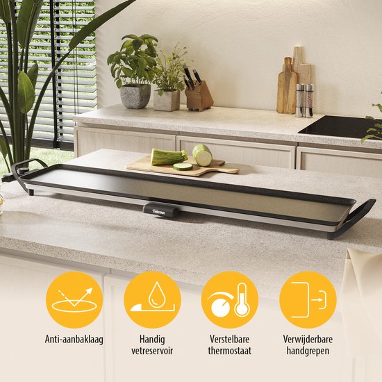 Tristar Grillplaat BP-2670- Tafelgrill XL: 100 x 23 cm - Voor binnen en buiten - BPA Free - Gourmet bakplaat voor op tafel - 10 tot 12 personen - Met regelbare thermostaat - Anti-aanbaklaag - Zwart