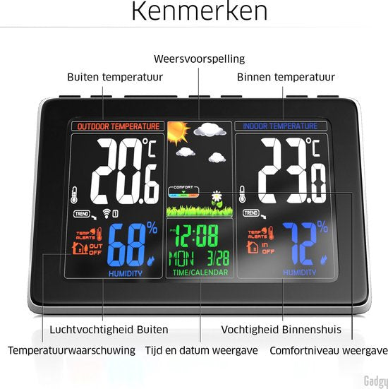 Gadgy Weerstation binnen en buiten - Draadloos weerstation met Buitensensor - Waterdichte buitenunit - Digitaal Weerbericht
