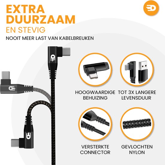 Drivv. USB naar USB C Kabel - Haaks - USB C Data en oplaadkabel - Fast Charge / Snellader - 3 Meter - Geschikt voor Samsung, iPhone 15 en Meer -Zwart