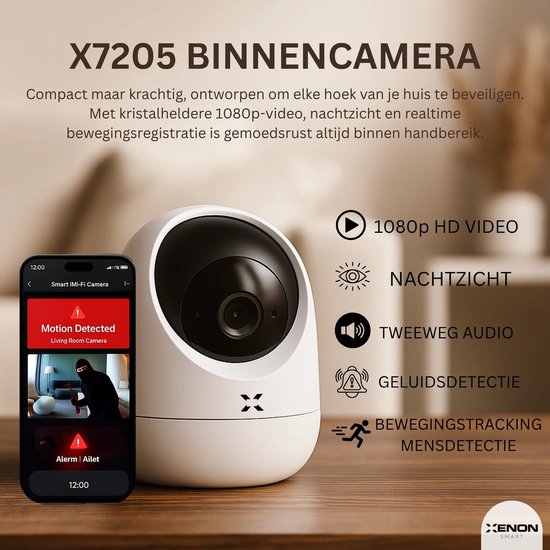 XENON Smart X7207 Beveiligingscamera binnen - Huisdiercamera met app -Beveiligingscamera's - Wifi Camera APP - Full HD 2MP - Volgt beweging en geluidsdetectie - Bewakingscamera
