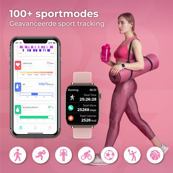 Nuvance - Smartwatch Heren & Dames met Bluetooth - IP68 Waterdicht - Geschikt voor alle Smartphones - Stappenteller en Hartslagmeter - Goud