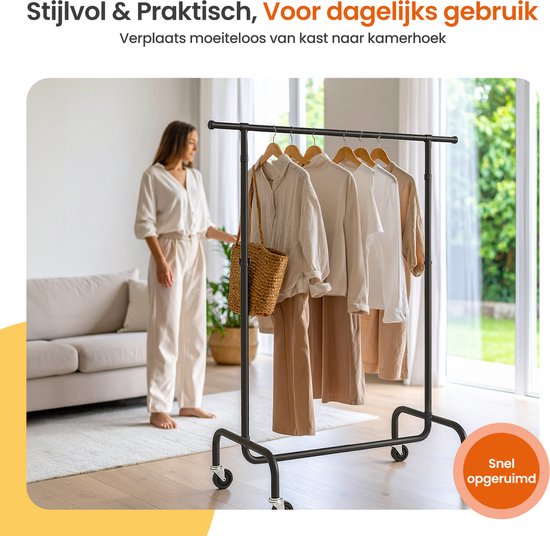 Goliving Kledingrek op wieltjes XL - Uitschuifbare Kledingstang 112-150 cm - 130kg Draagvermogen - Stevig Garderoberek - Metaal - Zwart