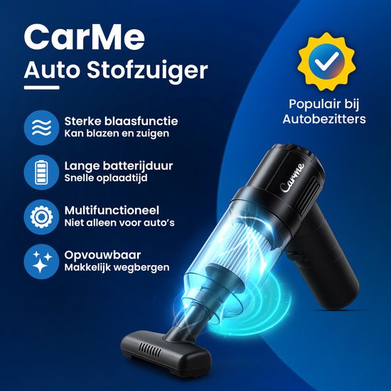 CarMe 2-in-1 Auto Stofzuiger - Zuigen & Blazen - Kruimeldief - 7 Opzetstukken - Oplaadbaar - Handstofzuiger - Airduster - Zwart