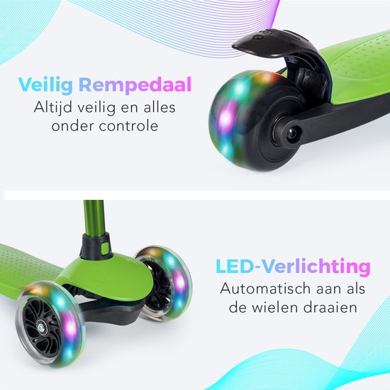 LifeGoods Kinderstep - voor 2-5 Jaarige - 3 Lichtgevende LED Wielen - Hoogte Verstelbaar - Groen - 55x62,50x69,50 cm