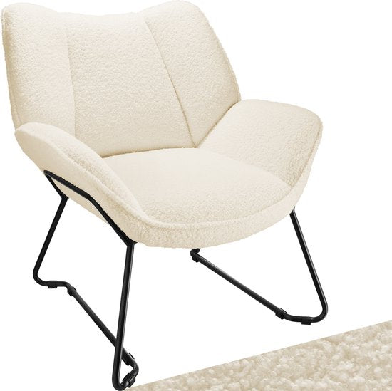 tectake® Loungefauteuil - Ronde relaxfauteuil - Teddyfauteuil - Gestoffeerde stoel - Bouclé bekleding - Leesfauteuil van pluche - Scandinavische stijl - creme wit