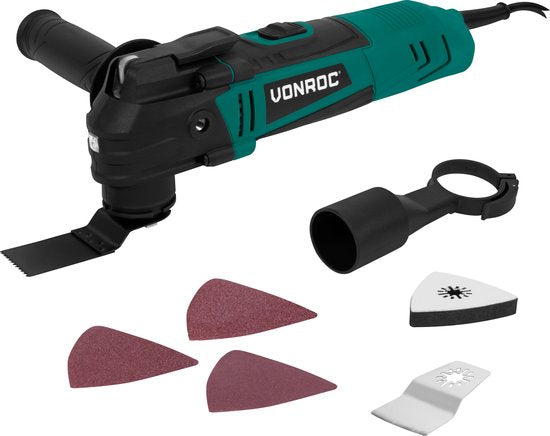 VONROC Oscillerende multitool 350W – Variabel toerental 12.000 – 22.000 p/min. – Incl. Schuurplaat, zaagblad, schraapmes en stofzuigeradapter