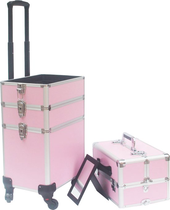 VDD Visagie make up koffer trolley - cosmetica schminken nagel koffer - 4 in 1 - Roze