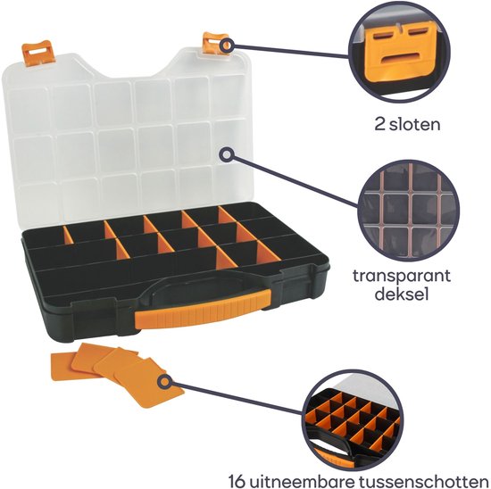 Perel assortimentsdoos, max. 20 compartimenten, 16 tussenschotten, transparant deksel, stapelbaar, 326 x 257 x 48 mm, geel/zwart