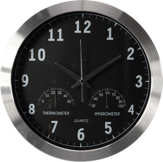 Perel Wandklok, rond, analoog, 35,5 cm, radiogestuurde tijdsaanduiding (DCF), met thermometer en hygrometer, aluminium, zilver