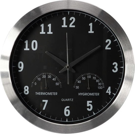 Perel Wandklok, rond, analoog, 35,5 cm, radiogestuurde tijdsaanduiding (DCF), met thermometer en hygrometer, aluminium, zilver