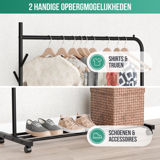 Avalo Kledingrek op Wieltjes Zwart - Metaal - 100x40x156 - Opbergruimte Voor Schoenen