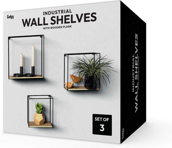 Gadgy Wandrekken Industrieel - Set van 3 - Vierkant Wandrek Zwart - Wanddecoratie Woonkamer - Muurdecoratie Hout - Wandplank zwevend voor Slaapkamer - 32, 27 en 22 cm