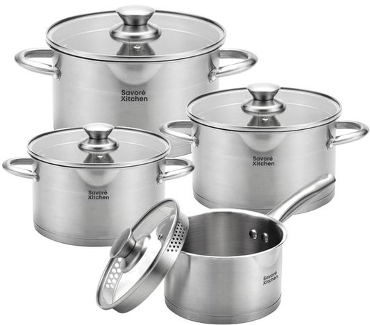 Savoré Kitchen 8-delige RVS Pannenset - Kookpannen met Glazen Deksel - Inductie Pannen - Afgietrand, Maatverdeling en Schenktuit