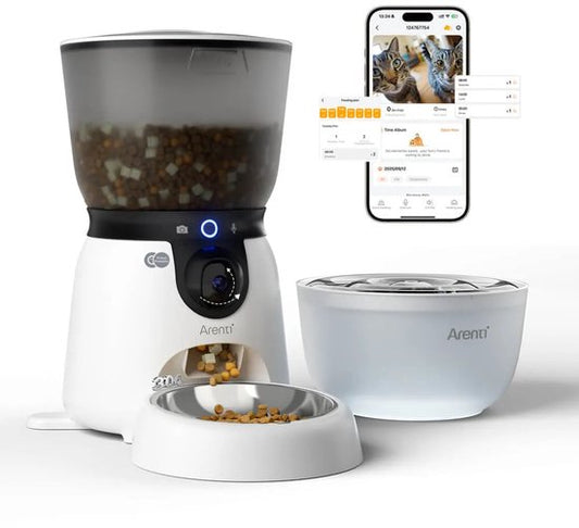 Arenti Petfeeder2 Automatische Voerbak 4L Met Beweegbare Camera - 3L Fontein - Kat & Hond – Slimme Voerdispenser met Camera – 3MP (2K) Met Night Vision – Two-Way Audio – Voerautomaat met App – Dual band Wifi – Voor Katten & Honden – Gratis App
