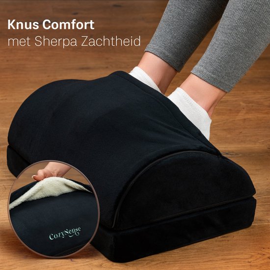 CozySense® Voetensteun Bureau - Ergonomisch Voetenbankje met 2 Hoogtes - Anti-Slip & Wasbare Sherpa Hoes - Voetenkussen voor Thuis & Kantoor - Zwart