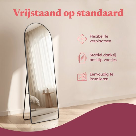 Fraay Passpiegel 160x55cm - Staand & Hangend - Minimalistische Wandspiegel - Staande Spiegel - Zwart Mat