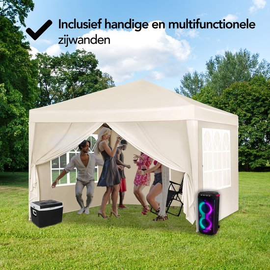 Brixy Partytent - Paviljoen - Easy Up - Opvouwbaar - Met Zijwanden - Waterdicht - Met Draagtas - 300 x 300 cm – Crème