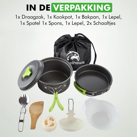 Travelhawk Camping kookgerei set - Pannenset - Aluminium - 8 delig - Camping Pannenset - Inclusief Spons, Spatel, Lepel, Kommen en Handige Draagtas