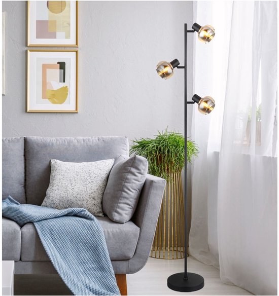 Vloerlamp TOKKI Glas 154.0cm Matt zwart | smoked E14 3-Lichts