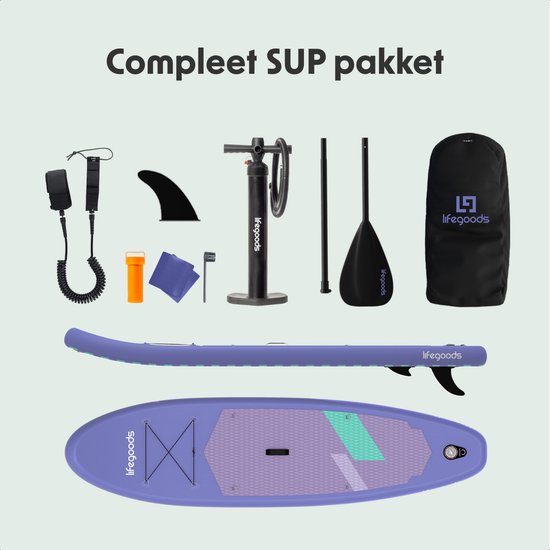 LifeGoods SUP Board Allround Compact - 100 KG Draagkracht - 300 x 76 cm - Opblaasbaar - Compleet SUP pakket - Paars