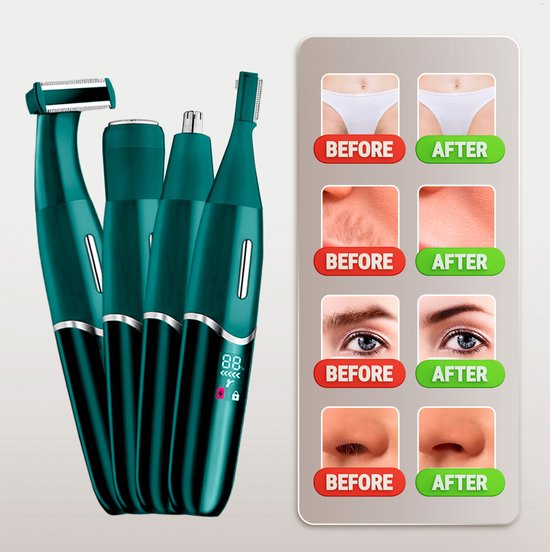 Sansbeauté - 4-in-1 Bikinitrimmer & Ladyshave - Compact - Classic Green ABS - Voor Gezicht, Benen & Bikinilijn - Draadloos & Oplaadbaar - Pijnloze Ontharing
