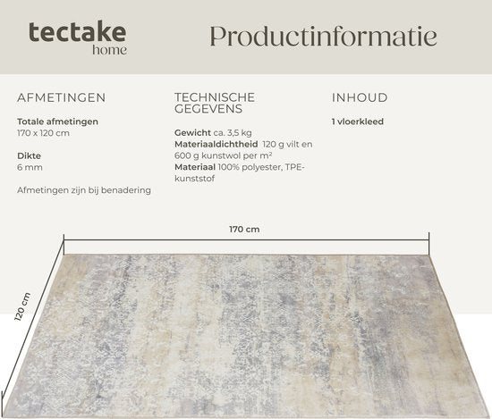 tectake® Vintage design tapijt - Dalia - Laagpolig vloerkleed voor woonkamer, kinderkamer, slaapkamer of hal - Wasbaar - Div. afmetingen - 120x170cm - beige