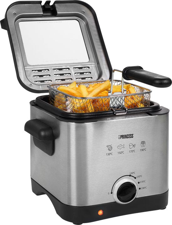 Princess Mini friteuse 182612 - 1.5 Liter - Regelbare thermostaat - Geurfilter - Kijkvenster - Compact - Geschikt voor camping - 1000W - geborsteld RVS