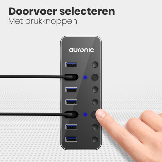 Auronic USB Hub 3.0 - USB Splitter met 7 Poorten - met Voeding - 5 GBPs - Led Indicatie - Zwart