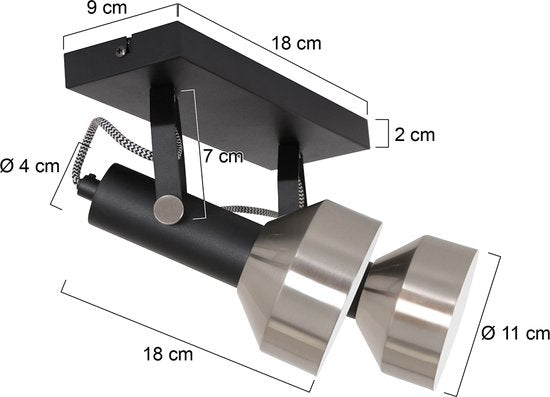 Spot plafondlamp Acier 3338ZW Zwart 2 x E27 fitting, Draaibaar en kantelbaar, Kunststof en Metaal, Modern, Mexlite