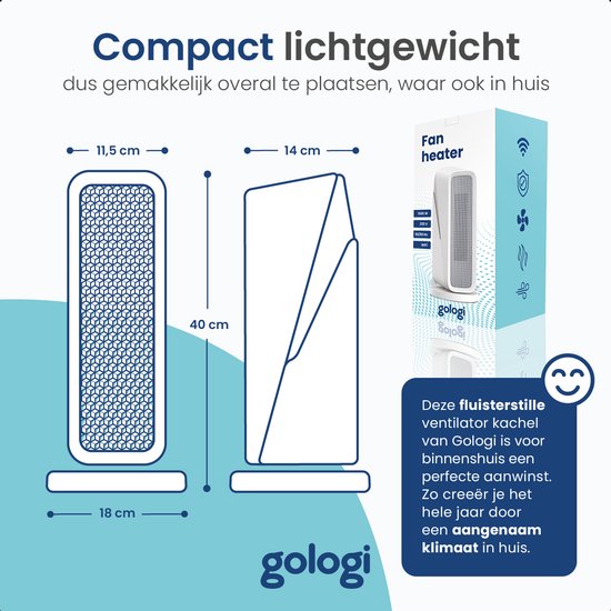 Gologi Ventilatorkachel met Thermostaat - Kachel Elektrisch - Verwarming - Heater - Met app en Touch Bediening - 1500W