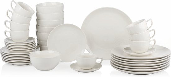 alpina serviesset 8 Persoons - Aardewerk Servies 40-Delig - Bordenset met Ontbijtborden, Dinerborden, Kommen, Kopjes en Schotels - Servies Set Vaatwasser- en Magnetronbestendig - Wit
