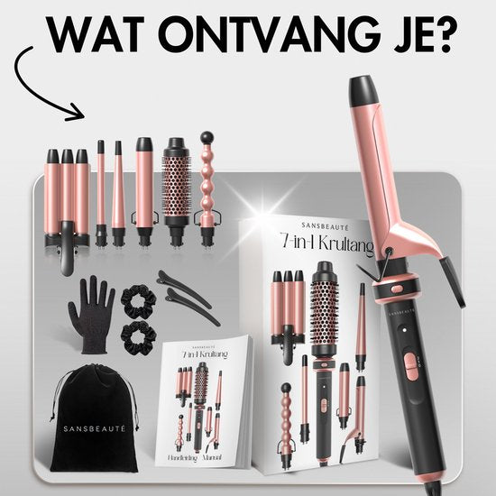Sansbeauté® 7 in 1 Krultang met Klem en Wafeltang - Keramische Haarkruller - 13mm tot 38mm - Föhnborstel Kort Haar - Warmteborstel - Krultangen - Thermal Brush - Haarstyler - Krulborstel 5 in 1