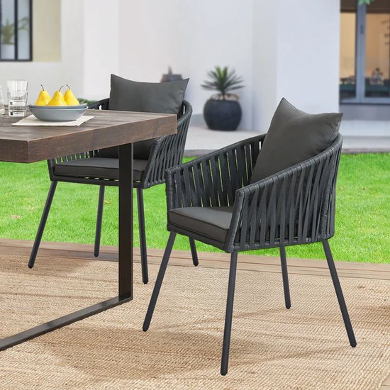 Juskys – Touwstoelen Set van 2 – 58 x 58 x 78 cm – Voorzien Van Afneembare Kussens En Elastisch Vlechtwerk – Voor Terras En Balkon – Donkergrijs Touw