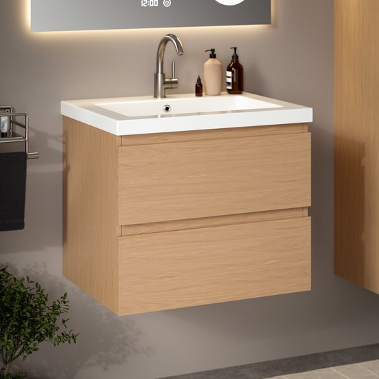 Mirlux Badkamermeubel Licht Eiken 60 cm - Wastafel Wit - Badmeubel set - Licht Eiken