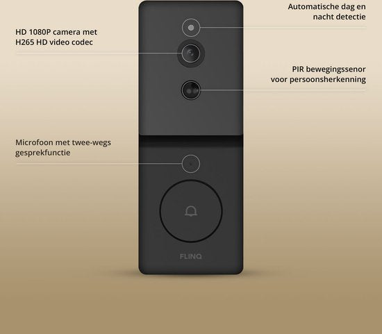 FlinQ Slimme Deurbel - Deurbel Draadloos - Deurbel met Camera - Incl Gong - 1080P HD - Zwart