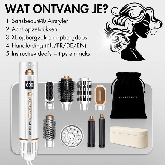 Sansbeauté® 8-in-1 Airstyler – Föhnborstel met Diffuser & Opbergdoos – Multistyler – Krul- & Stijlborstel