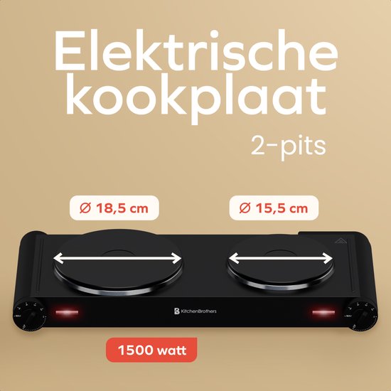 KitchenBrothers Elektrische Kookplaat - 2 Pits - Vrijstaand - 7 temperatuurstanden - 1500W + 1000W - Zwart