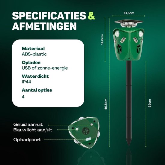 Vulpes Goods® Verjager - Ultrasone Kattenverjager op zonne-energie - Kattenschrik - Marterverjager - Dierenverjager - Waterdicht & 360° bescherming - Afweermiddel voor Ongedierte - PRO versie
