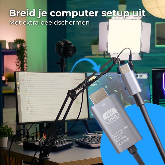 Nuvance - USB C naar HDMI Kabel - 2 Meter - 4K Ultra HD - Geschikt voor Telefoon, Tablet, Laptop, PC, Beamer & Monitor
