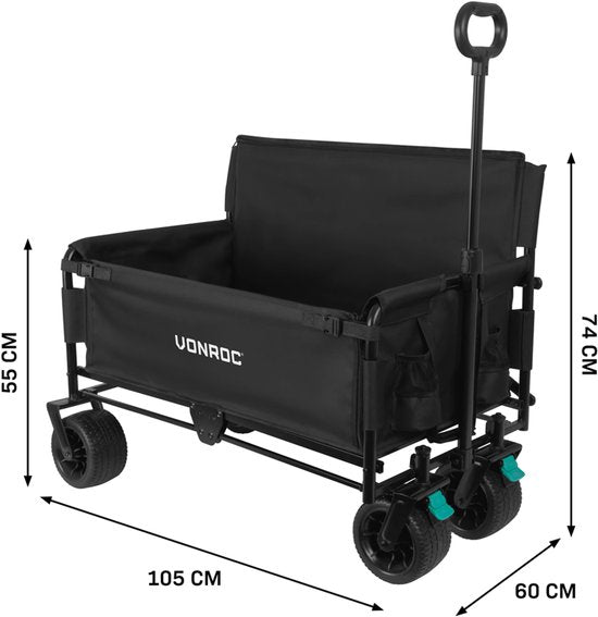 VONROC Bolderkar – Met zitfunctie – Opvouwbaar – 120 kg draagvermogen – 115l inhoud – Massieve anti-lek wielen – Stevig stalen frame – Polyester 600D - Zwart