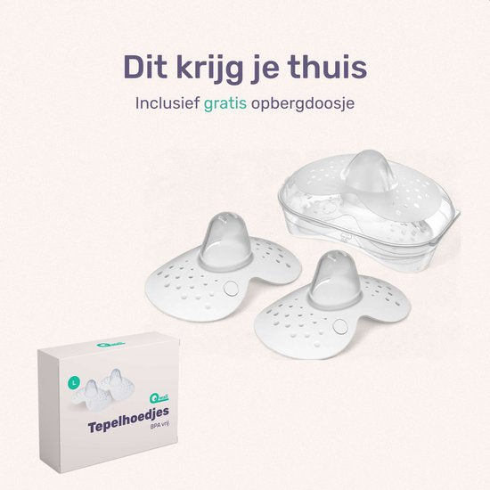 Qwali Organic Tepelhoedje voor borstvoeding - Maat L - BPA vrij - Tepel beschermer - Transparant - Incl. opbergbakje - 2 stuks