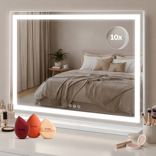 Fraay® Hollywood Spiegel met Verlichting 60x50cm - 3 Lichtstanden - Make Up Spiegel met 10x Vergrootspiegel - LED Strip Verlichting Dimbaar - Incl. 2 Beauty Blenders en Powder puff