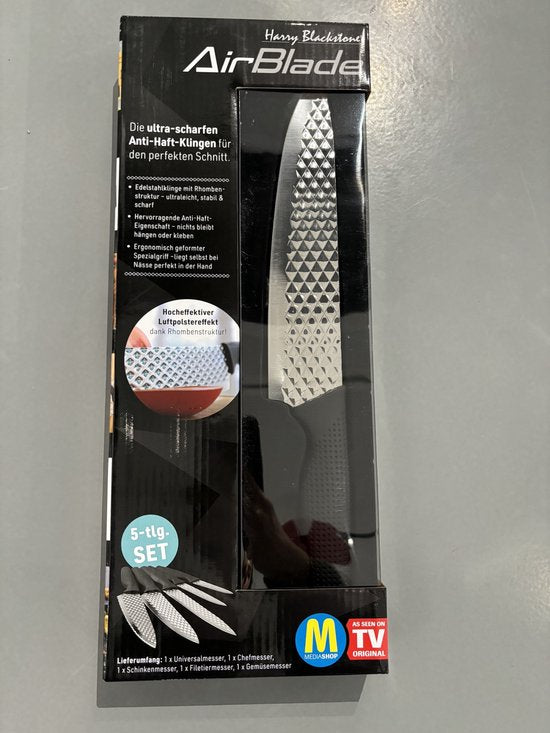 Harry Blackstone Airblade-messenset - Scherpe en duurzame keukenmessen - Koksmessen met antiaanbaklaag - Set van 5 messen voor elke gelegenheid