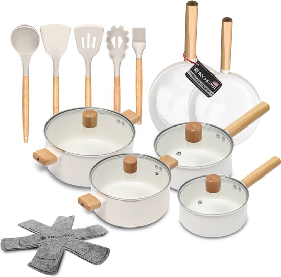 Rochester 18-delige Pannenset met Deksels - Set met PFAS-vrije Kookpotten, Koekenpannen & Steelpannen - Koekenpannenset - Kookpottenset - Inductie - Aluminium - Beige