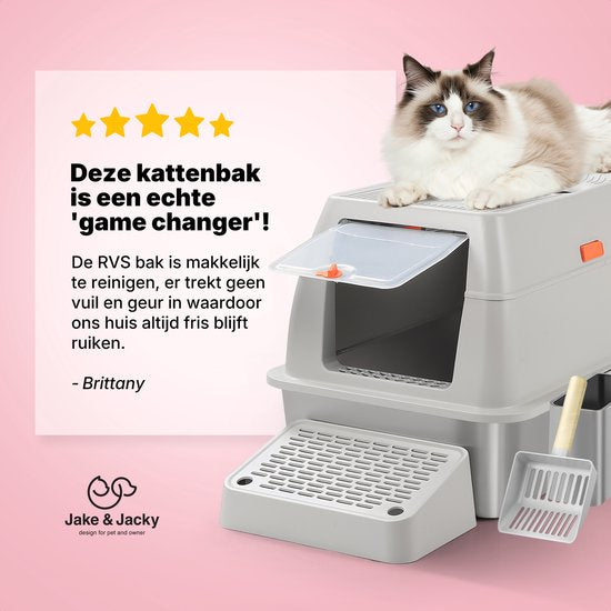 Jake and Jacky RVS Kattenbak Hop In - Kattentoilet Roestvrijstaal - Incl. Kattenbakschep met Houder en Gritopvang Opstapje - Top Entry - 3 in 1 Open Kattenbak met Afneembare Deksel - 60x40x38cm